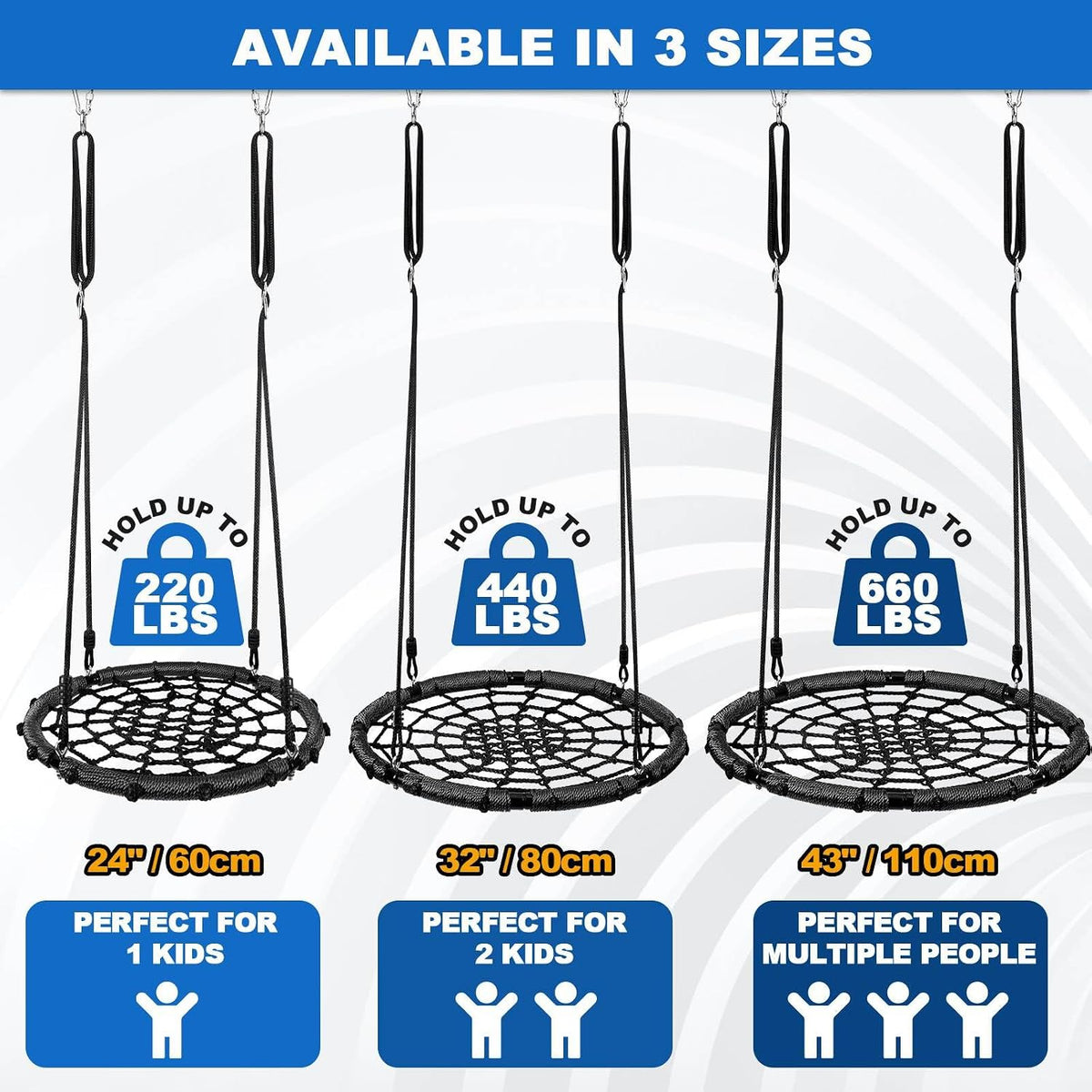 Odoland 43 inch black spider web tree swing with padded steel frame and adjustable ropes - view 6