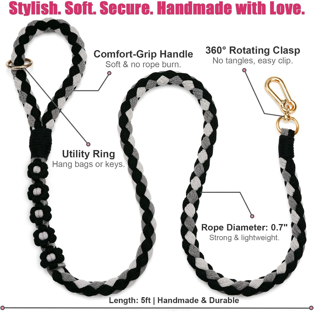 5FT Braided Cotton Rope Leash for Small, Medium and Large Dogs - Black - image 2