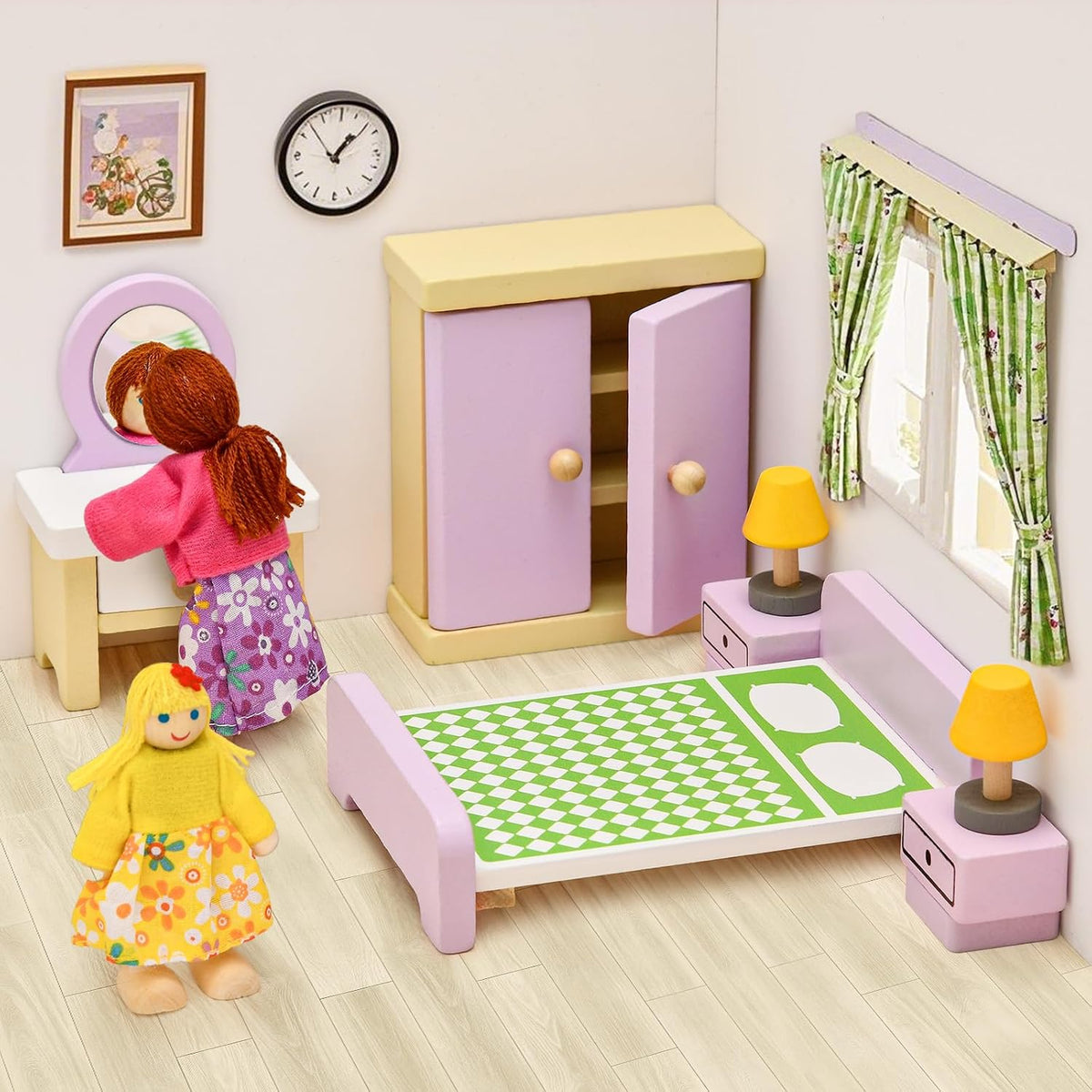 Toyssa 36-piece wooden dollhouse furniture set with kitchen, bedroom and 4 family dolls - view 3