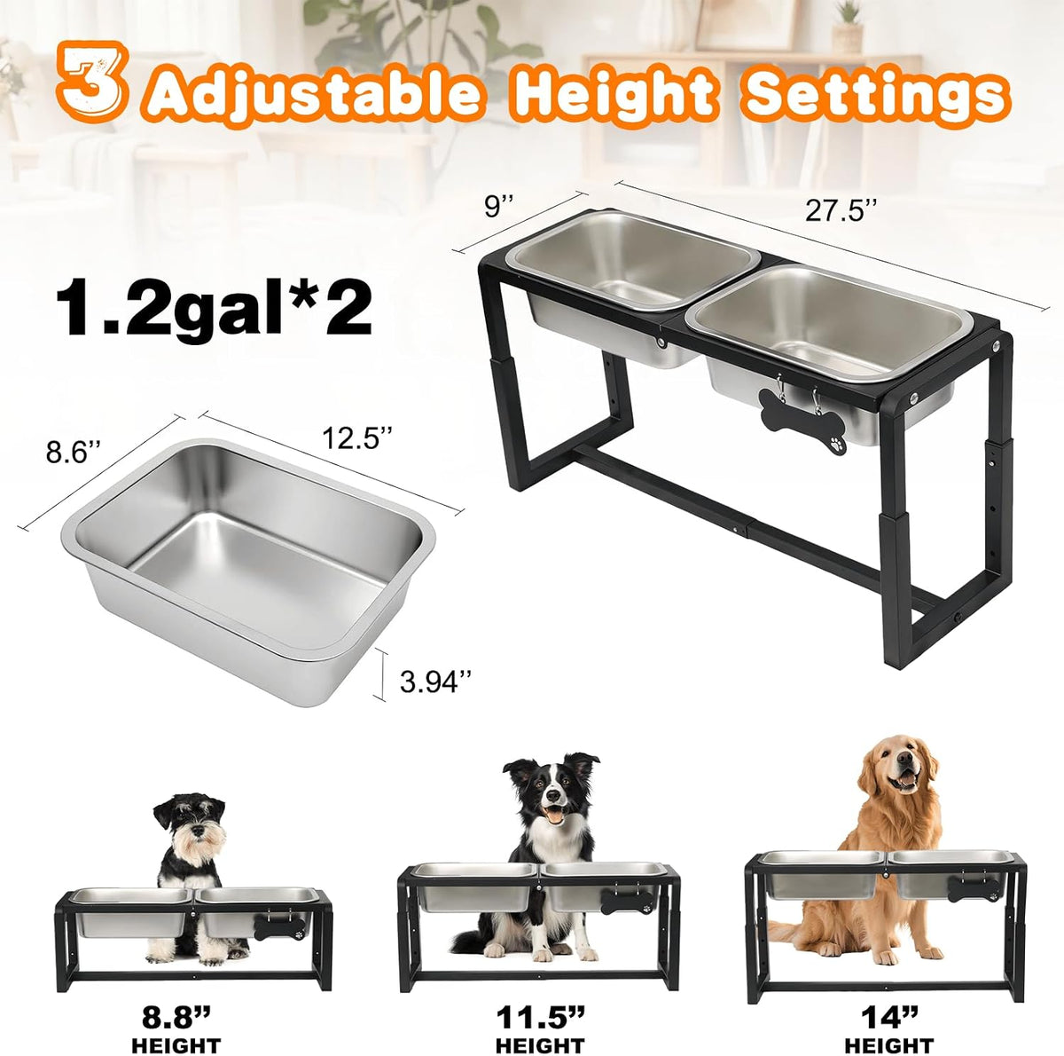 Elevated Dog Bowls, Metal Raised Dog Bowl Stand with 2 Thick 58oz Stainless Steel Food Bowls - Black-1.2gal x 2 / Height: 8.8-14" - image 4