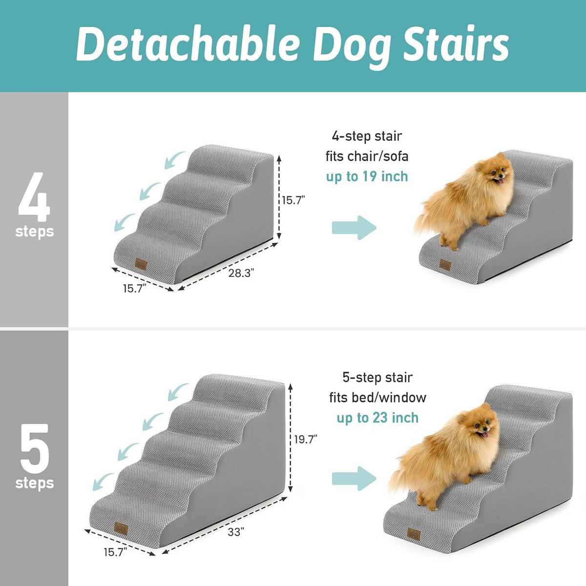 COZY KISS Dog Stairs for Small Dogs - Gray / 5 / 15.7x33x19.7 inch - image 2