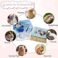 25 Pcs Large Rabbit Starter Kit, Bunny Litter Box with Drawer Animal Grooming Kit Stacking Cups Bowl Blankets Mat with Cleaning Set for Adult Guinea Pig, Ferret, Hamster, Bunnies Accessories (Blue)