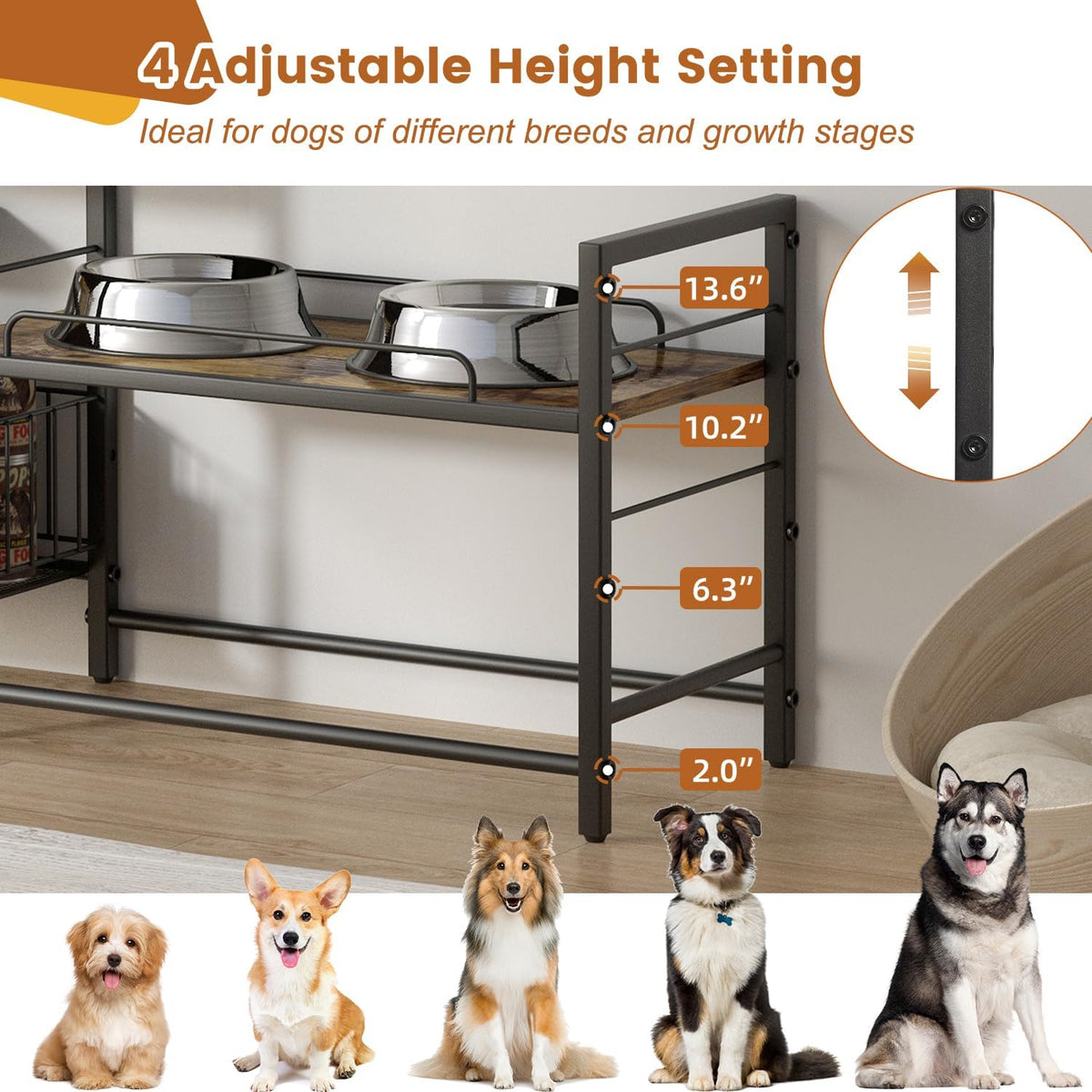 Elevated Dog Bowl Stand with Toy Bin Basket - Black&Brown / 2"-13.6"H/ 18.9"Dx9.45"W - image 3