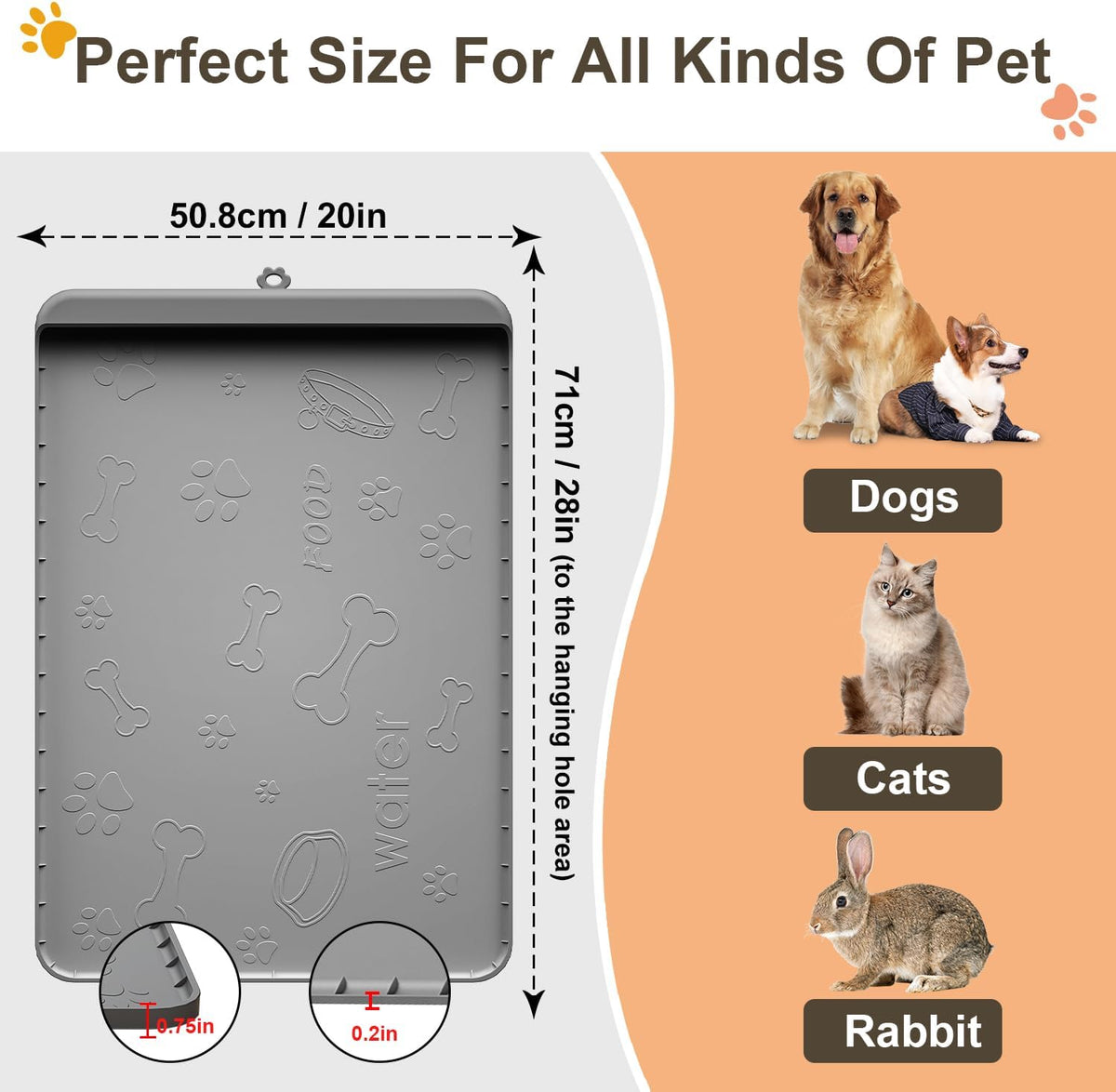 Dog Food Mat 36"x24" - Silicone Dog Mat for Food and Water Large Pet Feeding Mats with Residue - Gray / 28"L x 20"W - image 4