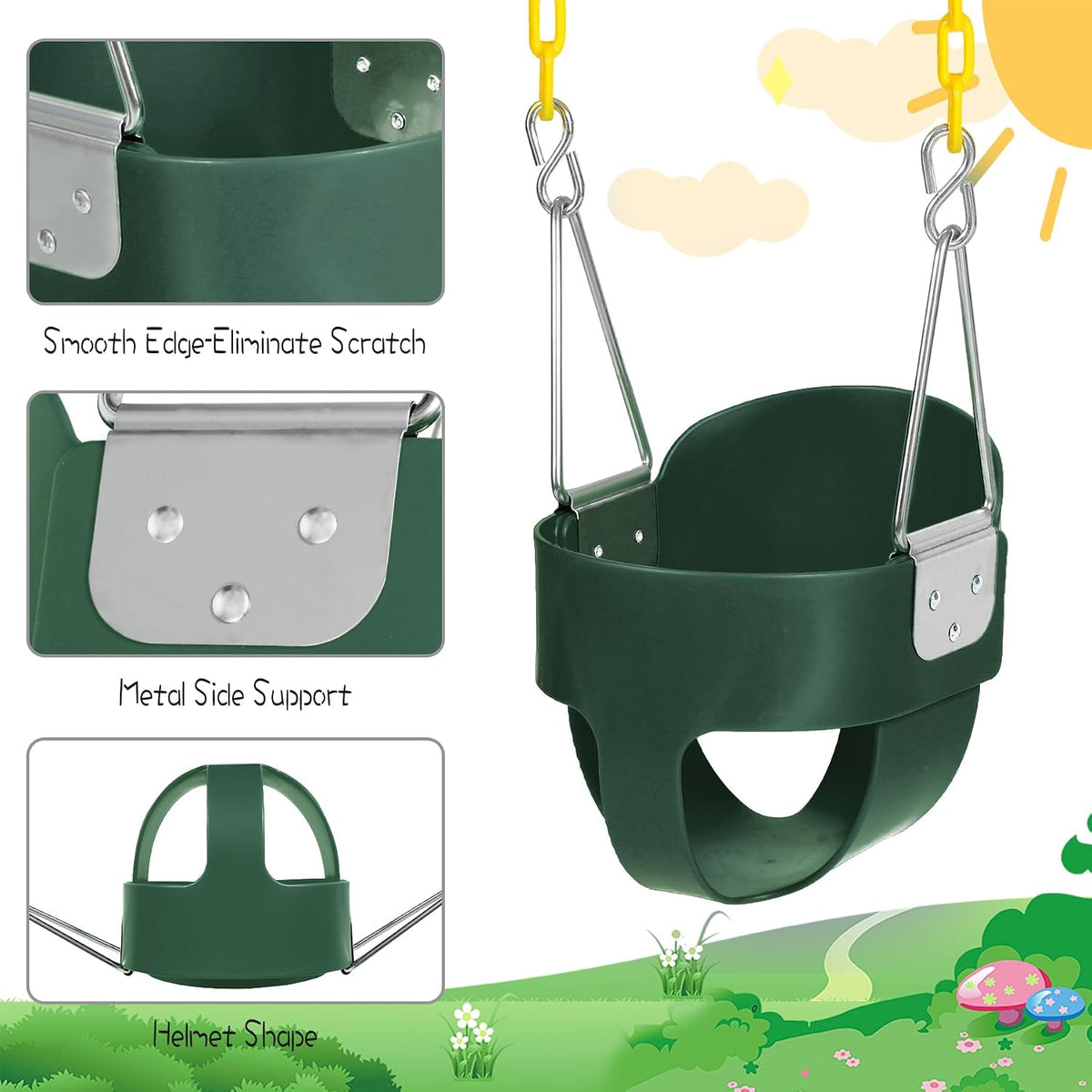 Domaker toddler swing seat with high back bucket and plastic coated chains in green - view 7