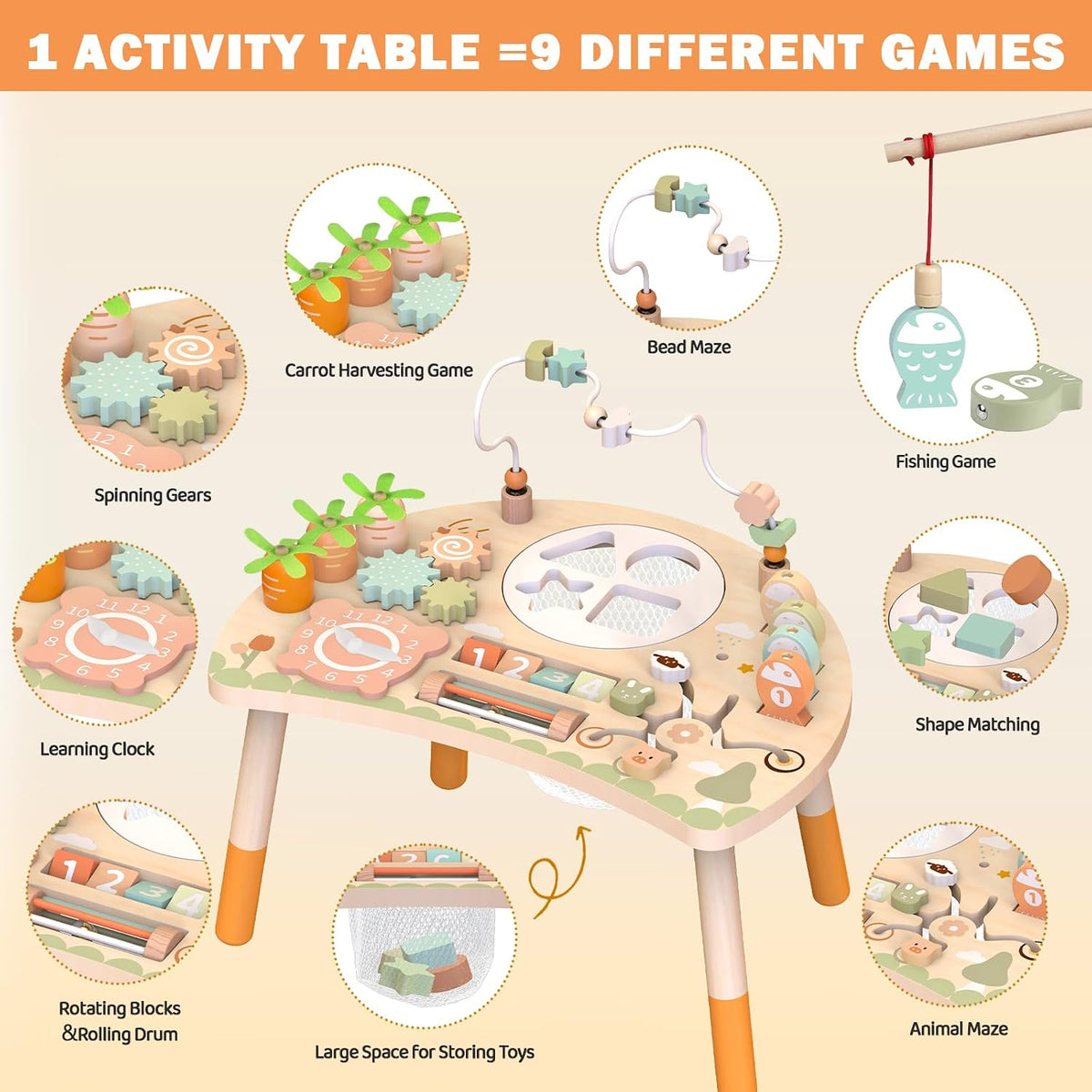 Weilim Montessori Activity Table for 1 Year Old - Natural - image 2
