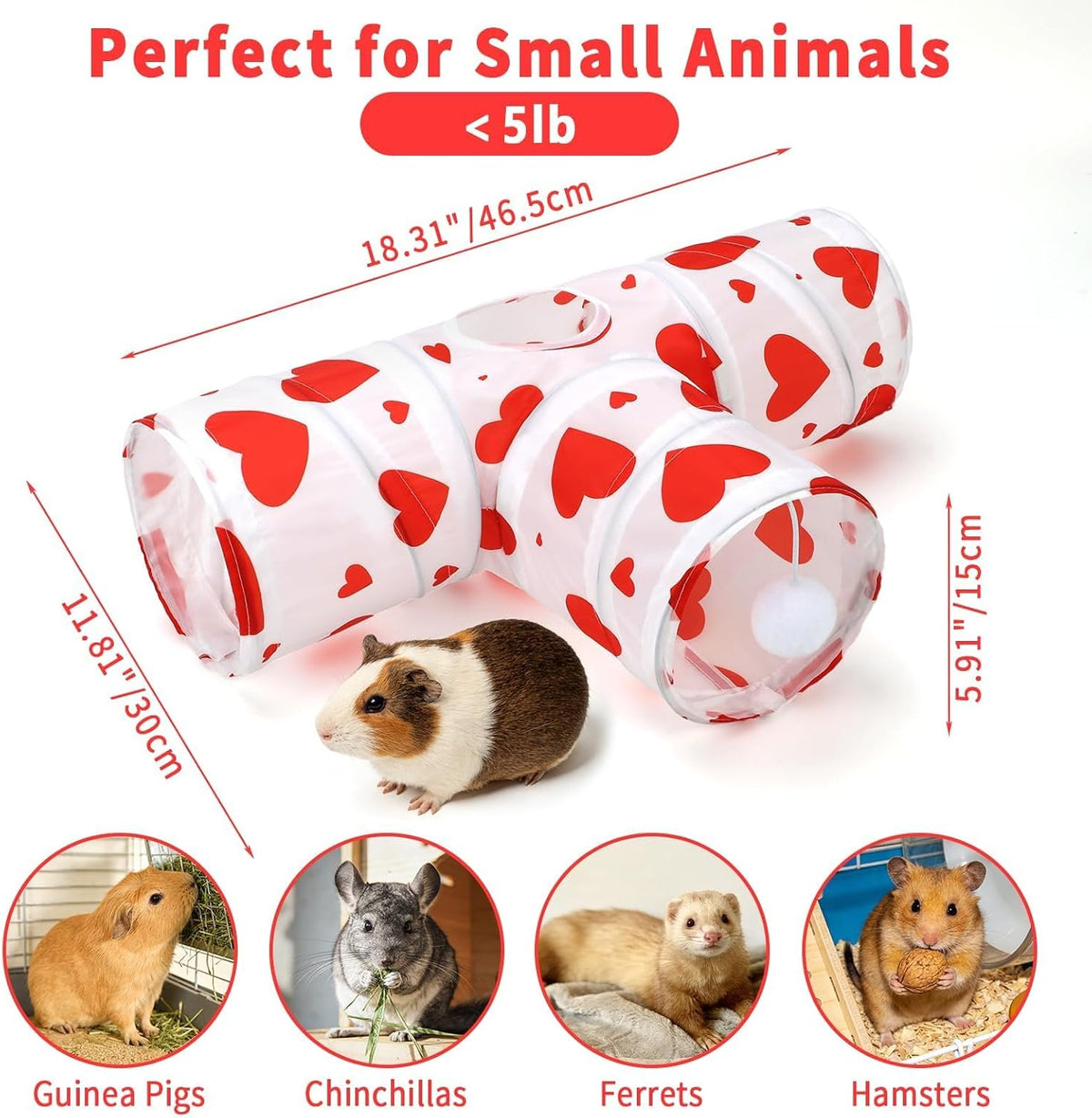 Guinea Pig Tunnel Hideout 3-Way Collapsible Small Pet Tubes - Heart
