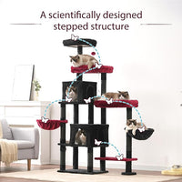 Hey-brother Cat Tree Tower, Scratching Posts with a Extended Part, Wide Platforms, Cozy Condos, Hammocks, Sisal Columns and Ball for Indoor Cats, 70.1 Inches, Black and Red MPJ038BR