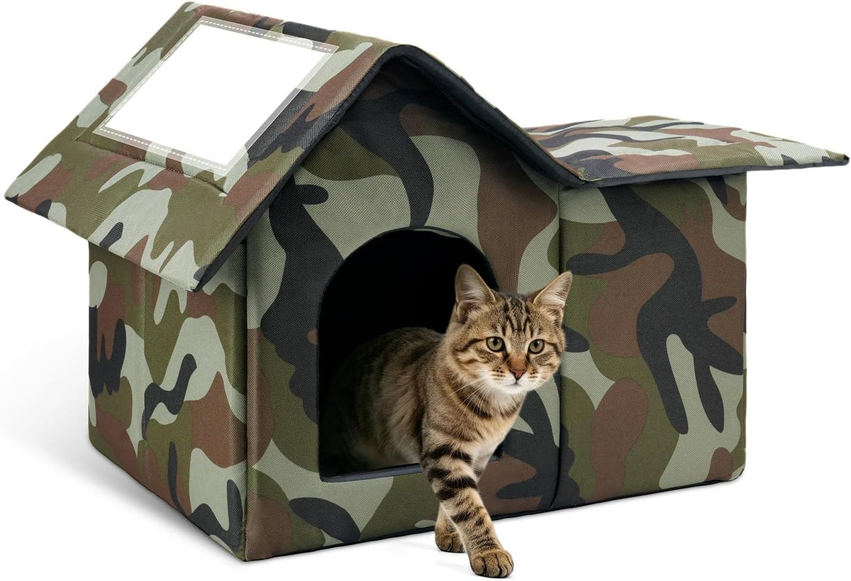 Outdoor Cat House Weatherproof, Large Feral Cat House for Winter - Green / 17" x 13" x 15"