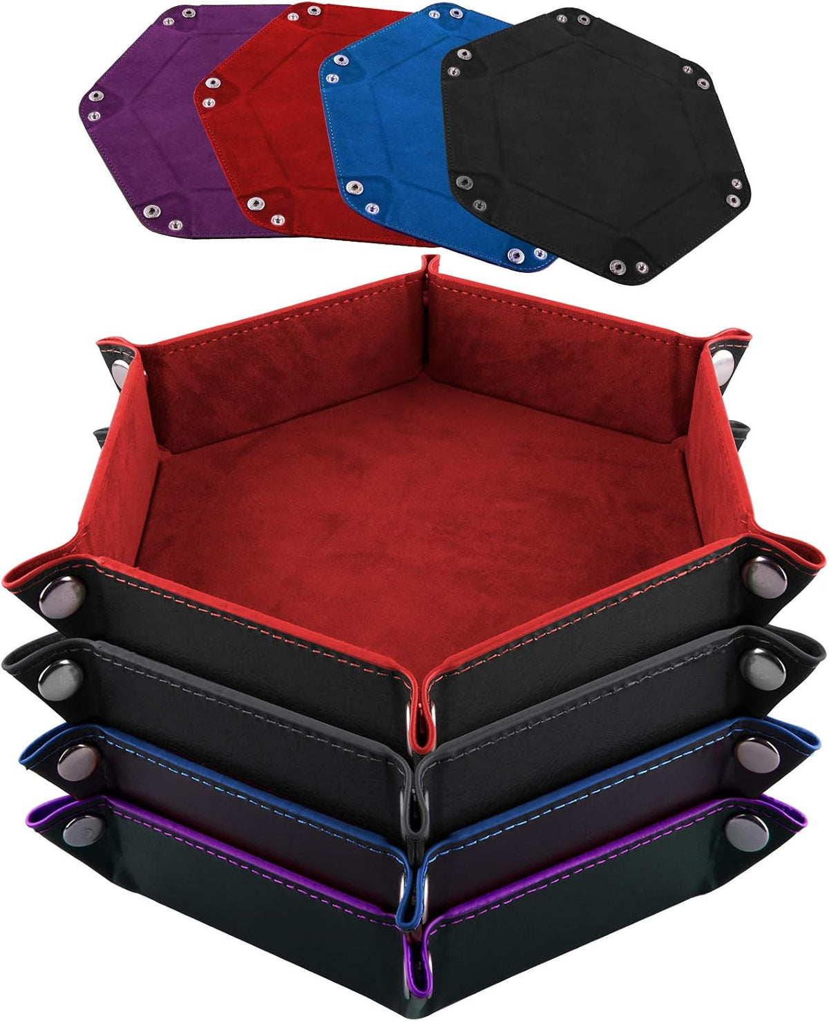 SIQUK 4 Pieces Dice Tray Set Foldable Dice Trays Hexagon Dice Rolling - Red, Black, Blue and Violet