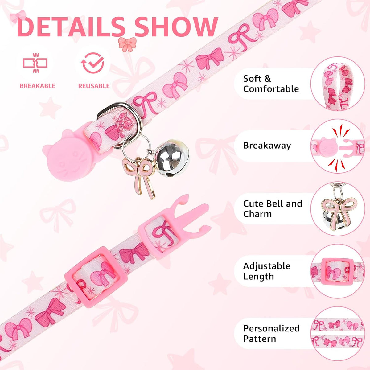 Breakaway Cat Collars with Bell - Pink Bow & Plaid & Heart - image 2
