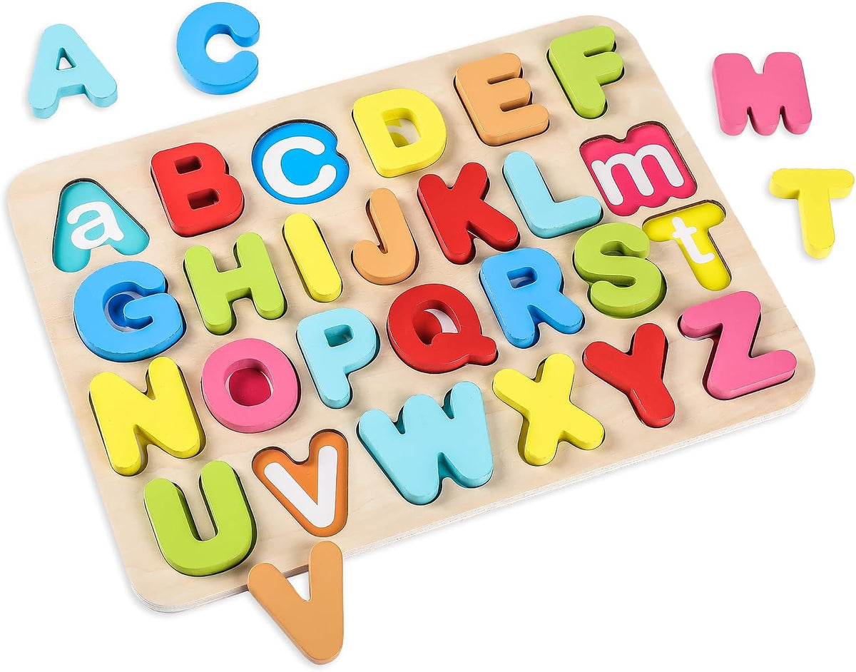 Aile Toddler Wooden Preschool Learning Shape Peg Puzzle Board Toys – Fun for Kids & Family - Alphabet Puzzle