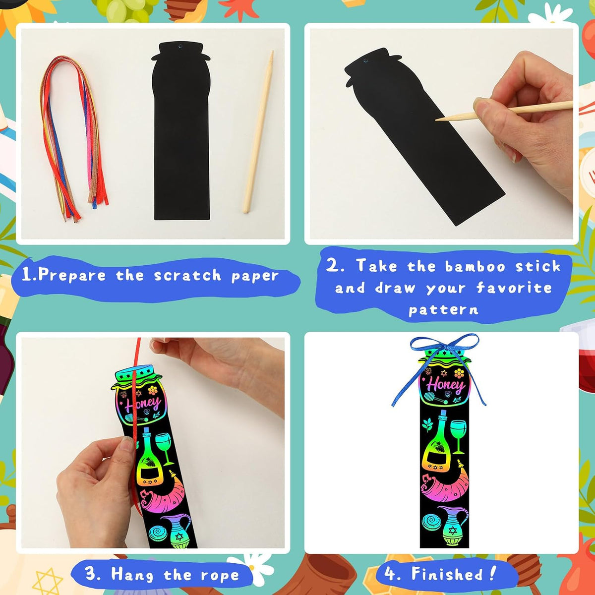 JUNEBRUSHS rainbow scratch art bookmarks with bamboo scratch sticks and colored satin ropes - view 32