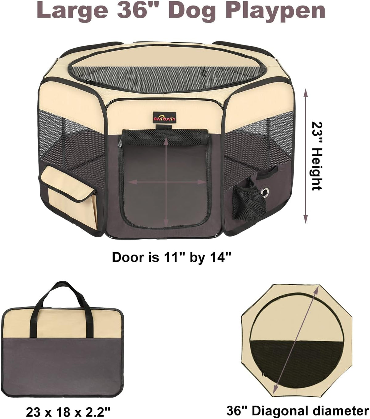 Aivituvin Dog Playpen, Foldable Pet Play Pens with Carrying Bag for Cat, Puppies, Rabbits, Portable - Medium (Pack of 1) / Brown - image 2