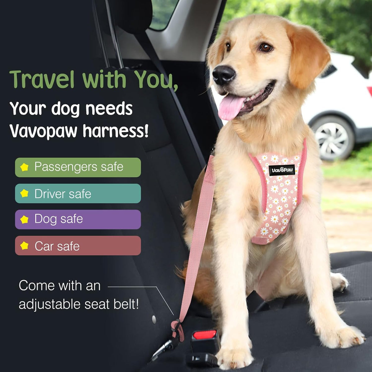 Dog Seat Belt Vest Harness for Car - Pink Daisy / L (Chest: 22-32.3", Neck: 16.9-26") - image 4
