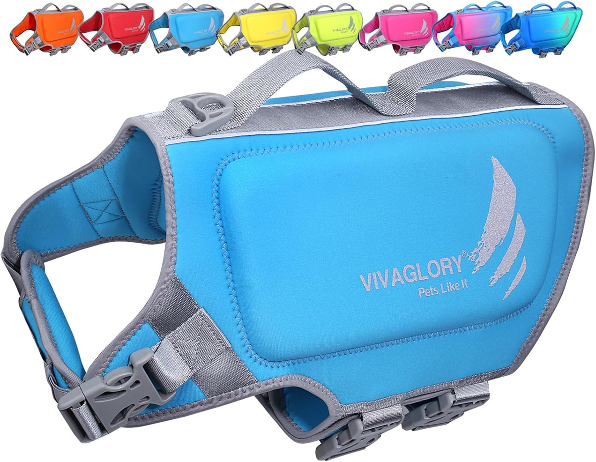 VIVAGLORY Dog Life Vest High Buoyancy Dog Swim Vest, S - Blue / L: 25-28 inch (Ribcage Girth)