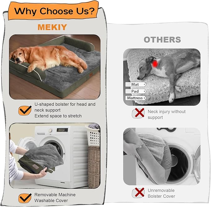 Large Dog Bed Orthopedic Washable - Removable Waterproof Cover Bed Pet - Large Big Dogs - Memory Foam - Couch Sofa with Removable Bolster - Dark Green Dog Bed