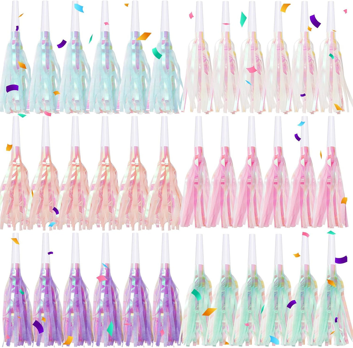 Mermaid party blowers with glitter metallic fringe in pink, purple, white and blue