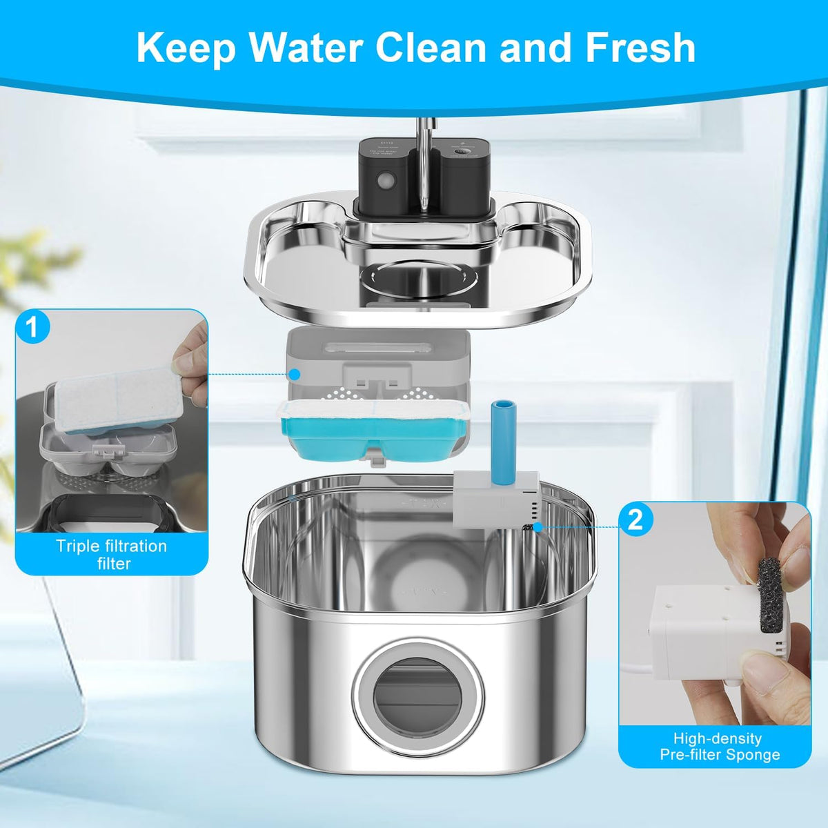 Cat Water Fountain Wireless, Stainless Steel-Rechargeable - Replacement Filters 6+6 - image 2