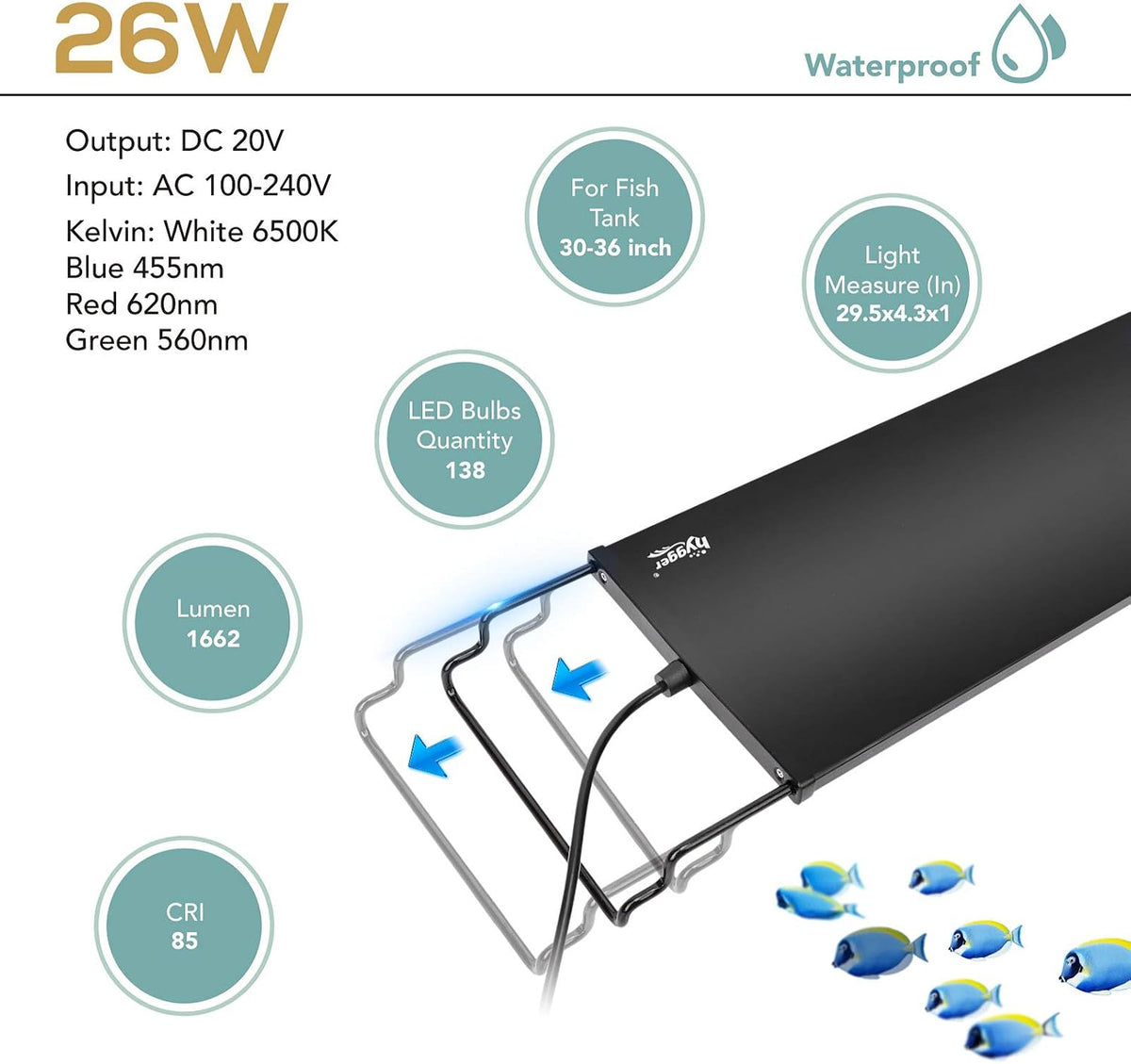 hygger 18W 24/7 Lighting Aquarium LED Light - 26W for 30~36inch Tank - image 3