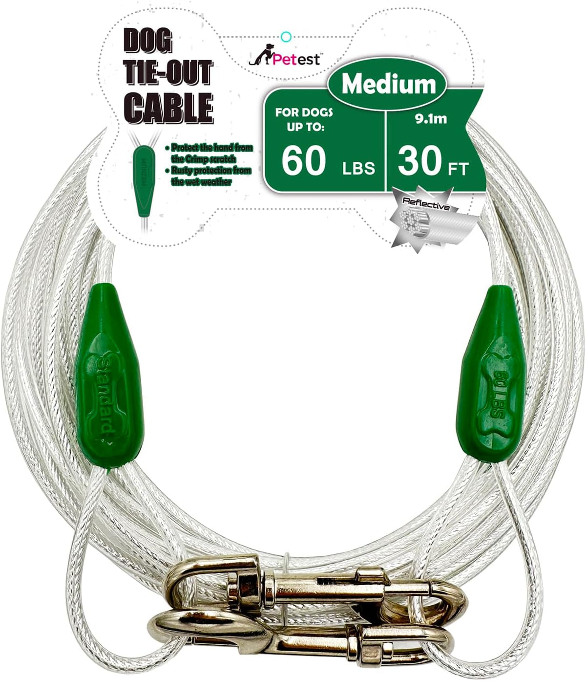 30ft Reflective Tie-Out Cable for Heavy Dogs Up to – Essentials for Dogs - 60lbs30ft / Darkgreen & Silver