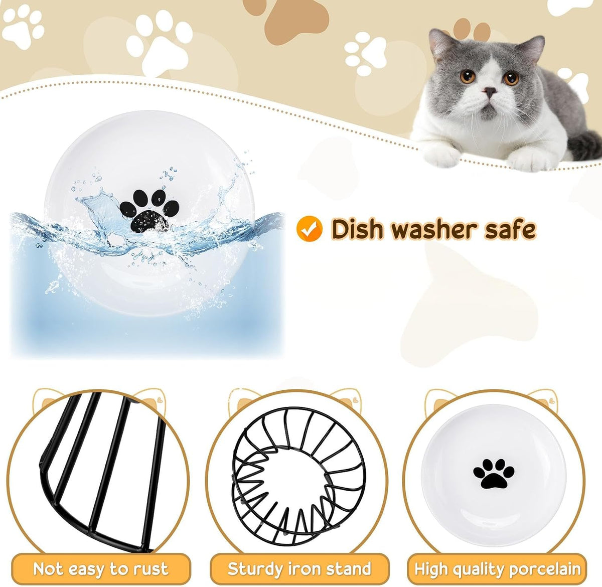 4 Sets Elevated Cat Bowls Ceramic Raised Cat Food Bowls with Metal - Black / Paw - image 3