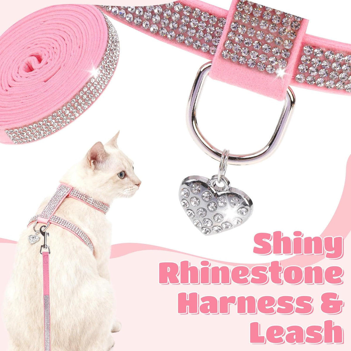 Cat Harness and Leash Set, Escape Proof Adjustable Cat Harness - Pink Rhinestones / Medium - image 2