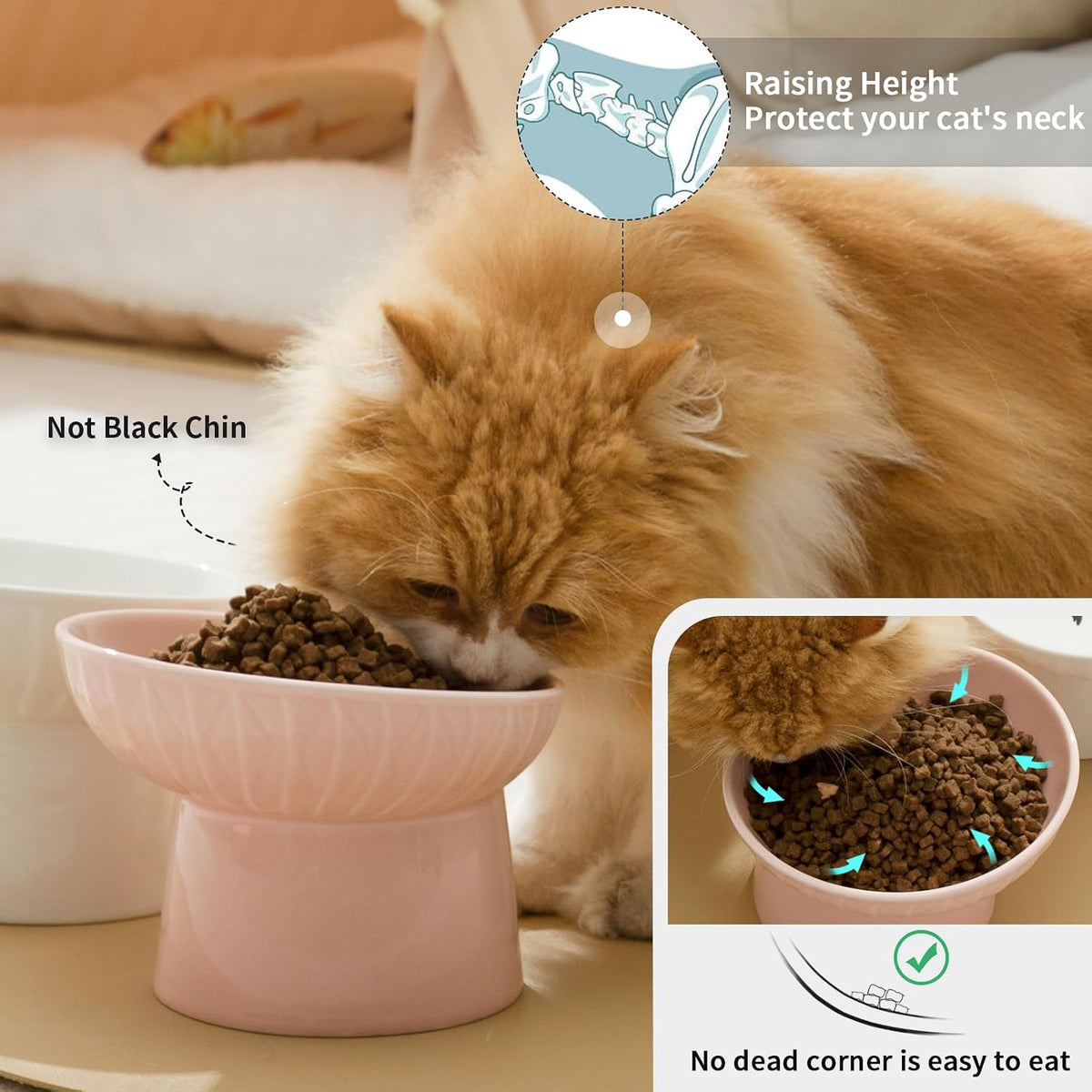 6.5 Inch Extra Wide Ceramic Raised Cat Bowl Set - White & Pink - image 4