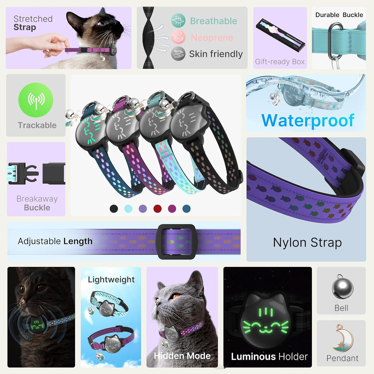 AirTag Cat Collar, Reflective Breakaway Collar - Regal Purple / Small(9-13inch) - image 2