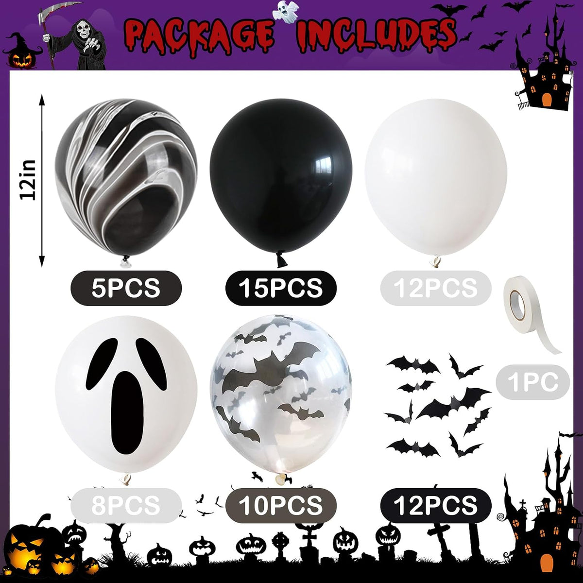 Froova black and white Halloween balloons with ghost and bat prints and bat stickers - view 26