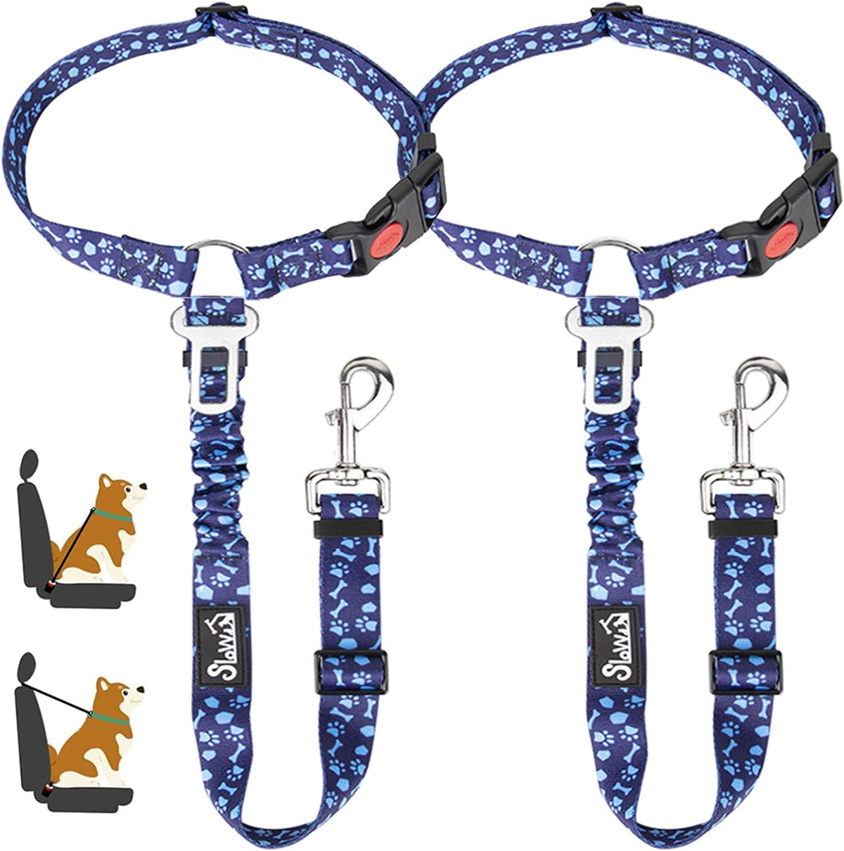 Lukovee Dog Car Seat Belt, Headrest Restraint, Headrest - Blue Paw / Headrest + Clip, 2 Pcs