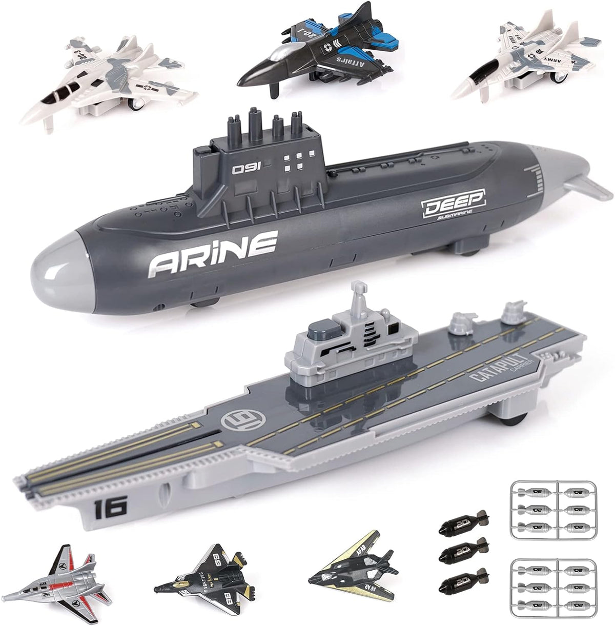 Crelloci aircraft carrier toy set with pull back fighter jets and submarine