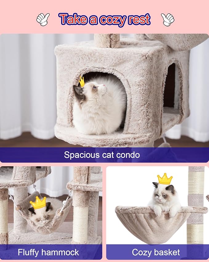 Cat Tree, Cat Tower for Large Cats with 2 Big Platforms, 2 Baskets, condo and Toys, 63" Cat Scratching Posts for Indoor Cats, Muchroom GCT020MU