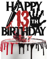 Black glitter Killer Happy 13th Birthday cake topper for a horror Halloween party - view 3
