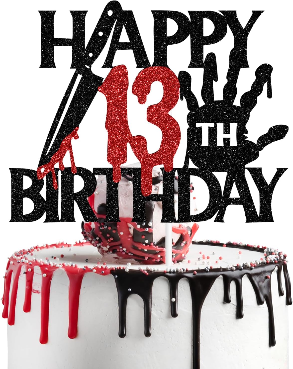 Black glitter Killer Happy 13th Birthday cake topper for a horror Halloween party - view 3