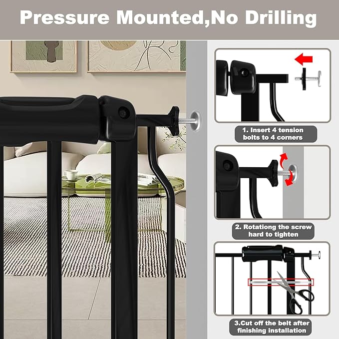 Fairy Baby Walk Through Baby Gate 38.5-43.5 Inch Wide, Pressure Mounted Safety Gate with Door No Drill, Black Tension Metal Gate for Dog and Toddler