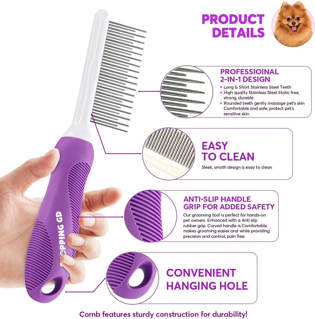 Detangling Pet Comb for Dogs & Cats with Long & Short Stainless Steel - image 2