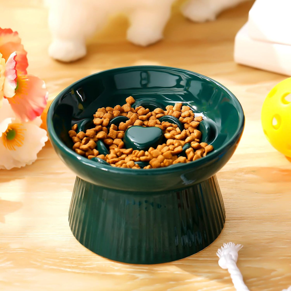 Tioncy 2 Pcs Ceramic Elevated Slow Feeder Cat Bowl - Dark Green / 1 - image 2
