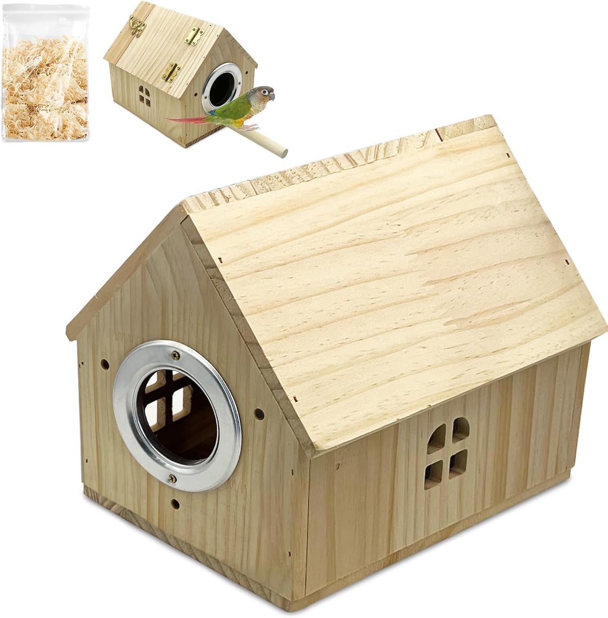 PINVNBY Parakeet Nesting Box Bird House for Cage Wood Mating Box Bird - Wood House Shape,L: 7.91*6.81*6.69 inch