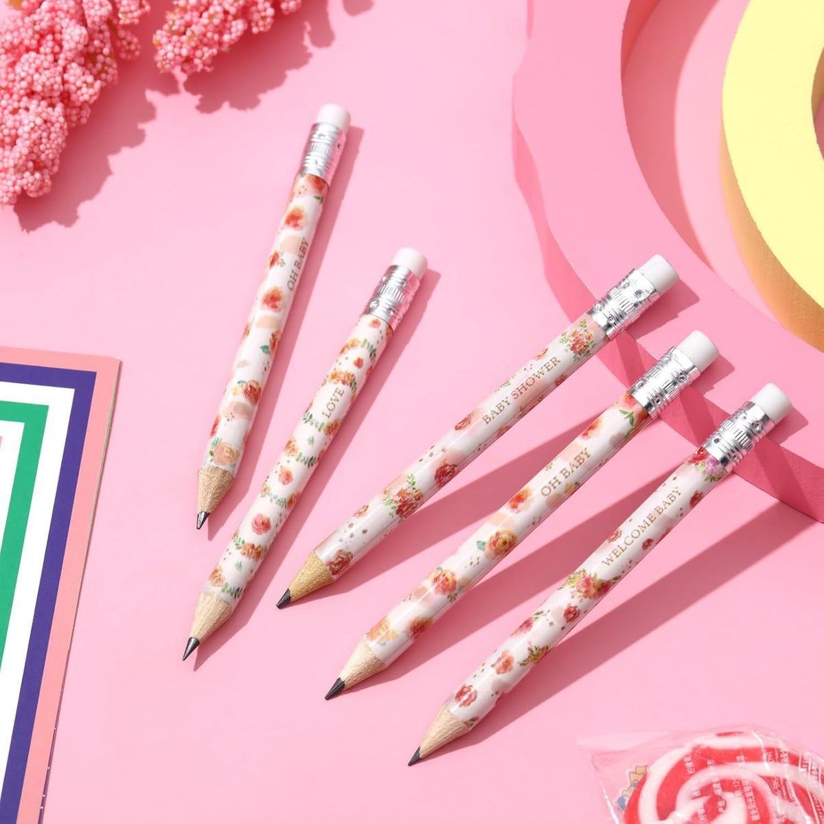 Tinlade 60 Pcs Baby Shower Pencils for Games, Mini Golf Pencil - Floral - image 3