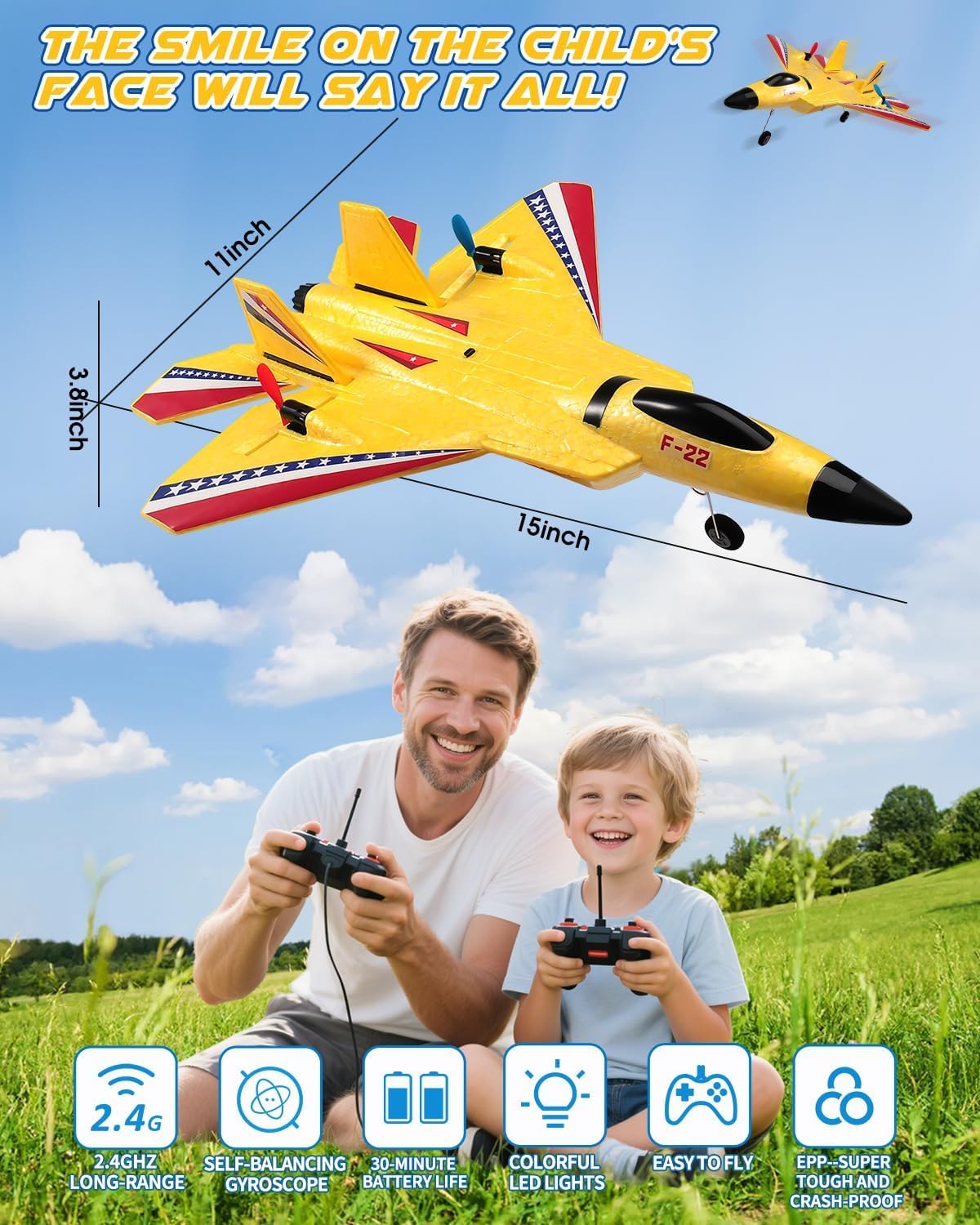 ANTSIR F-22 RC Airplane, 2.4GHz Easy to Fly Foam RC Plane - Yellow F22-2 Batteries - image 3