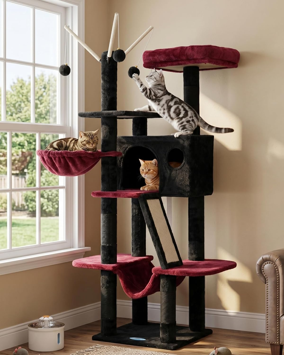 Hey-brother Cat Tree Tower with Padded Platform Bed, Hammock - 53 Inch / Black and Red