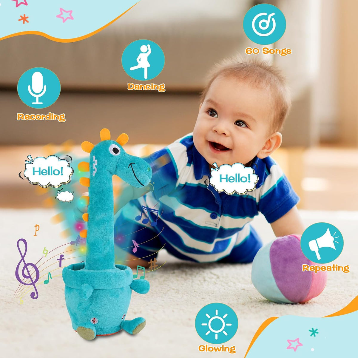 Dancing Talking Giraffe Toy, Singing Giraffe Baby Toys for Kids – Fun for Kids & Family - Dancing Dinosaur - image 3