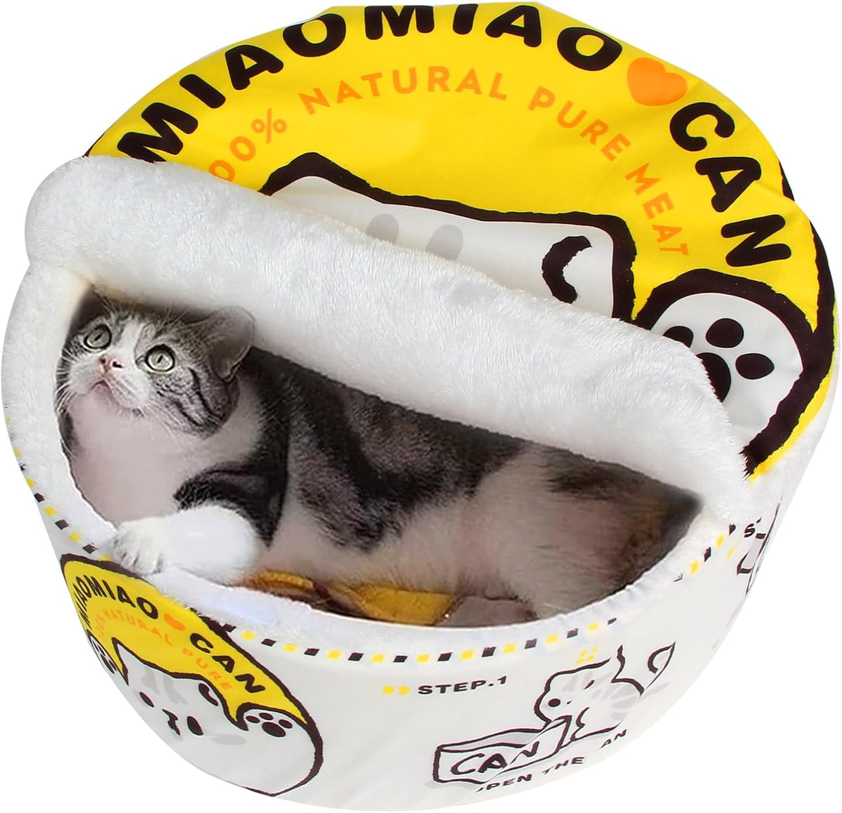 寵幸 Ramen Noodle Cute Cat Bed, Soft Warm Washable Kitten Bed - 15.7"L x 15.7"W x 7.9"Th / yellow white