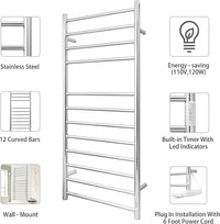 KEG Towel Warmer Wall Mounted with Built-in Timer 12 Bars Electric Stainless Steel Heated Towel Racks for Bathroom, Hot Plug-in Bath Towel Heater Polish Chrome