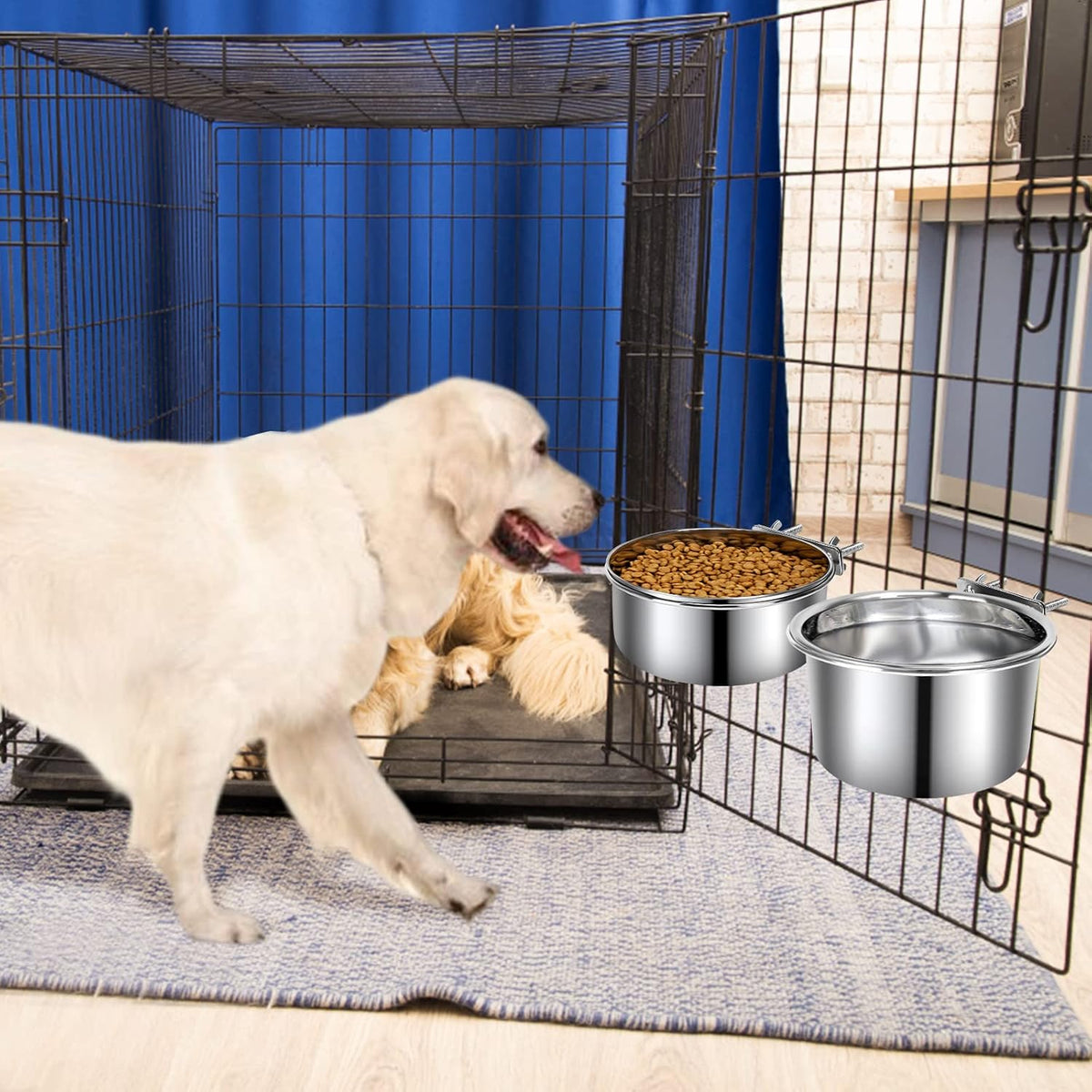 2 Pcs Stainless Steel Small Dog Crate Food Water Bowl - L (77 & 45 & 41 OZ) / Silver - image 4