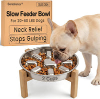 seredremor elevated 2 cup stainless steel slow feeder dog bowl on bamboo stand
