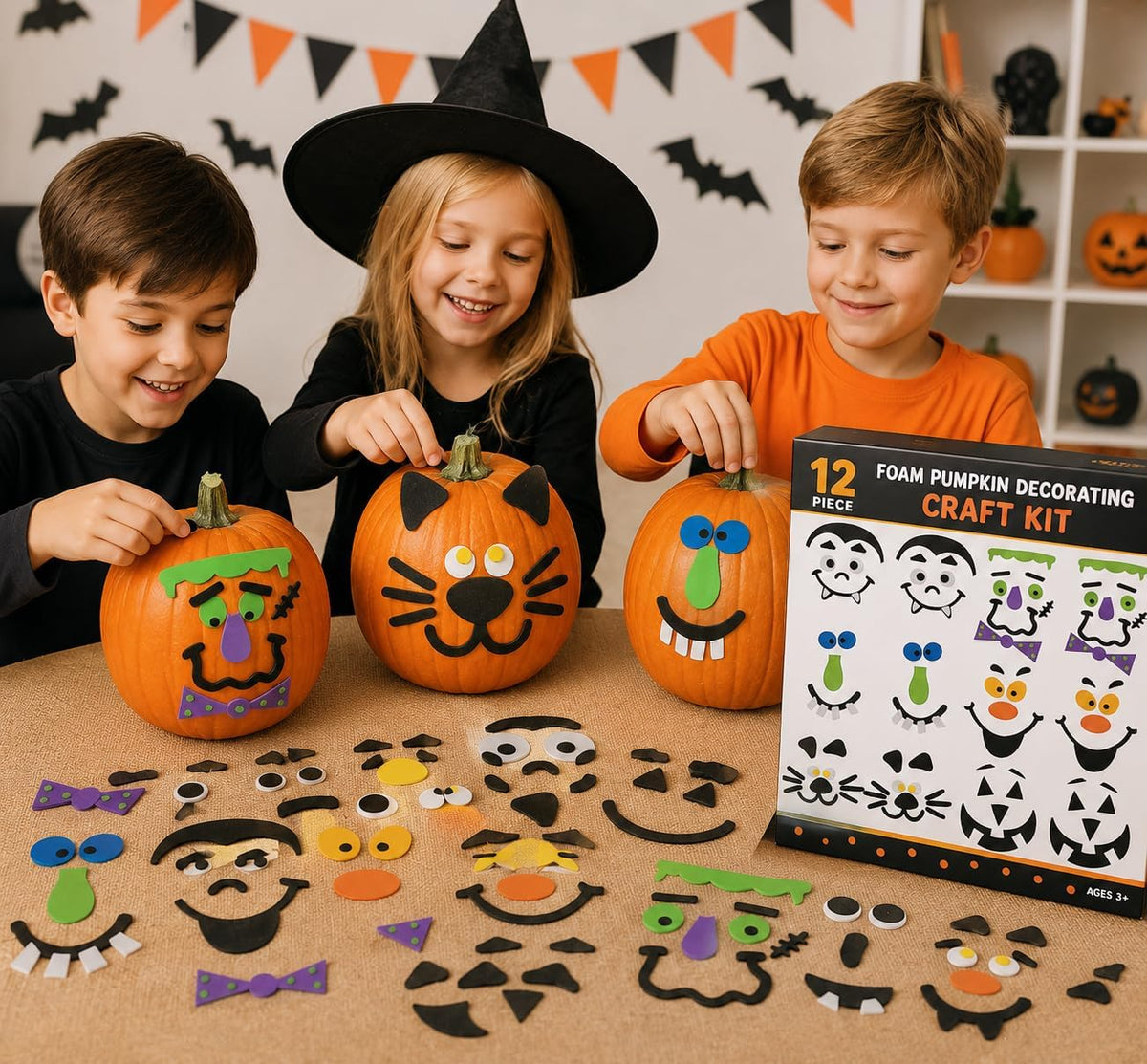 Fun Express 12 piece foam pumpkin decorating craft kit with self-adhesive character face pieces - view 2