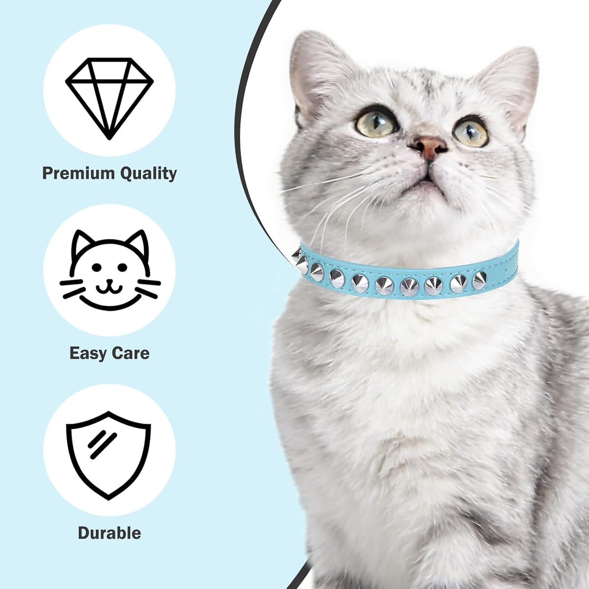 Leather Cat Collar, Breakaway Kitten Collars with Bell, Black – Essentials for Small Pets - Light Blue_Studded / 8"-12" Cats / Mini Dogs(Pack of 1) - image 3