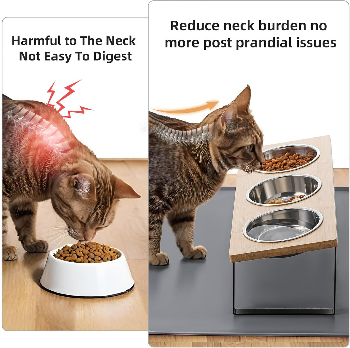 Upgraded Elevated Cat Bowls with Food Mat - Bamboo-3Bowls - image 2